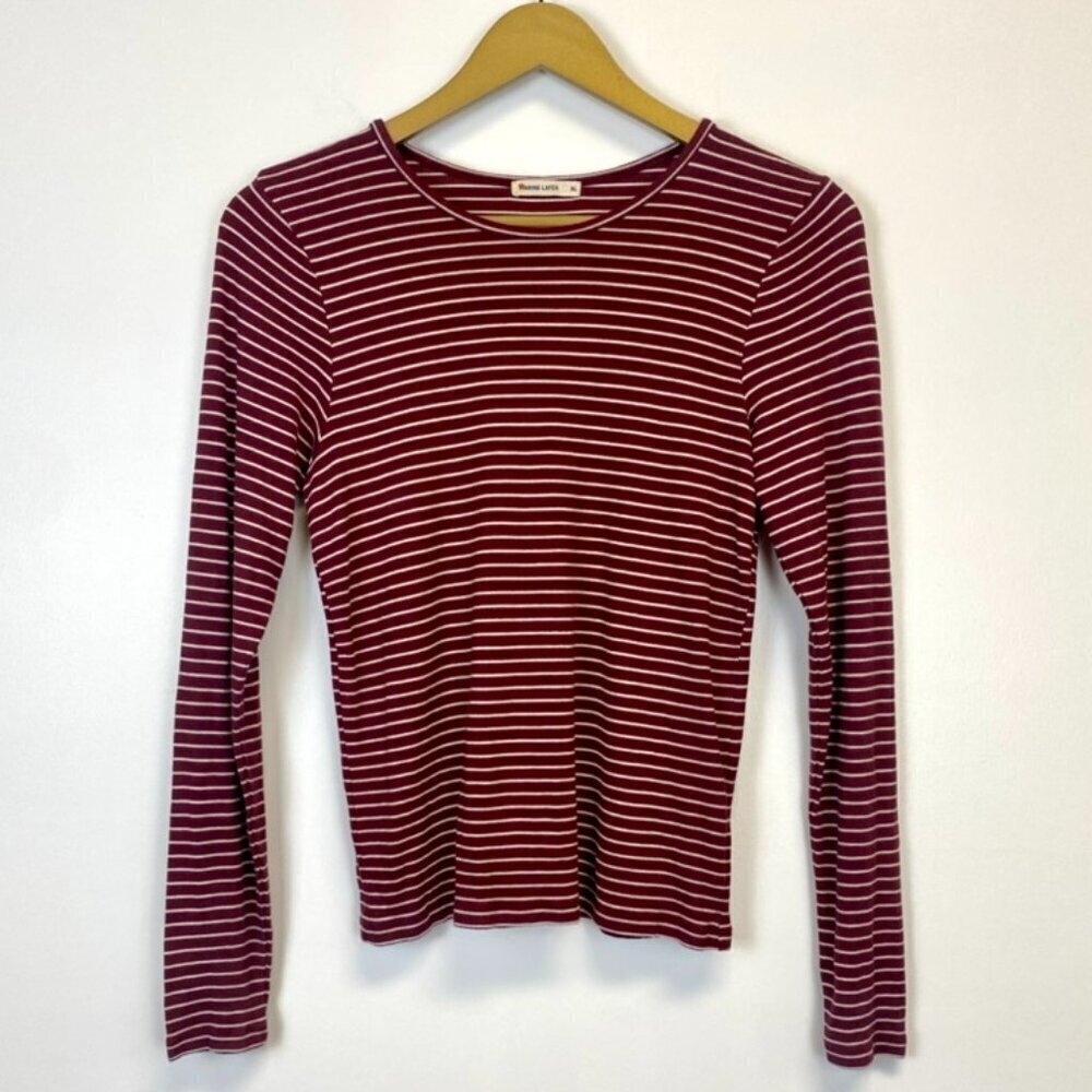 Marine Layer Maroon and White Striped Ribbed Stretch Long Sleeve Top
